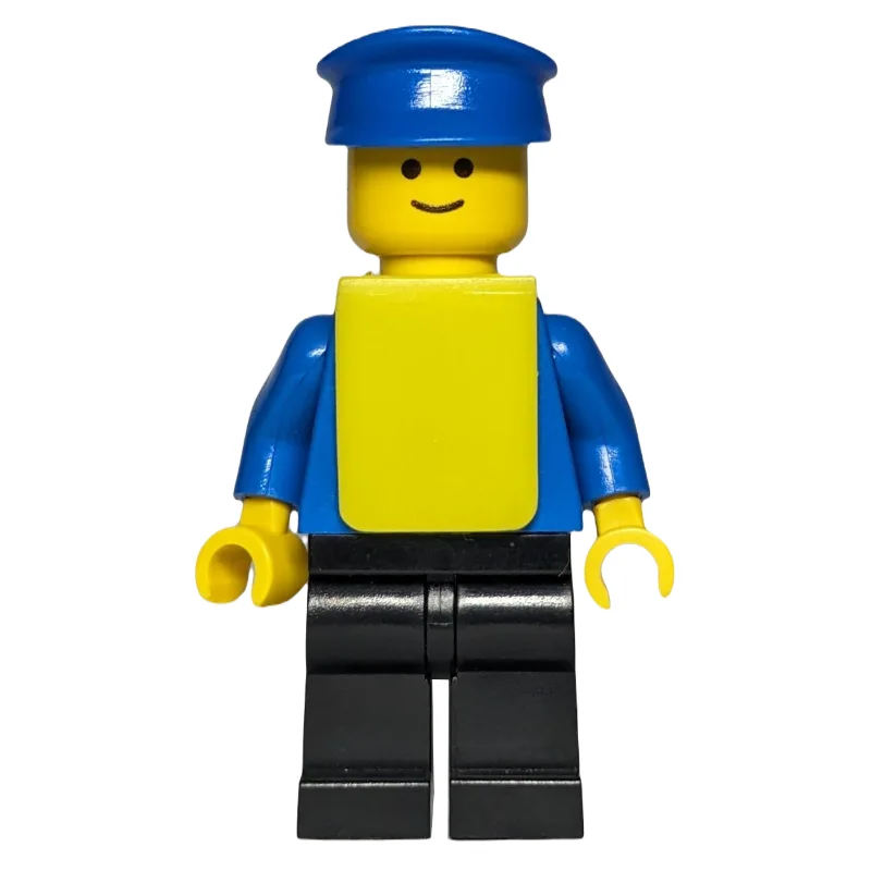 LEGO Minifigur Man, Plain Blue Torso, Black Legs, Blue Hat, Yellow Vest