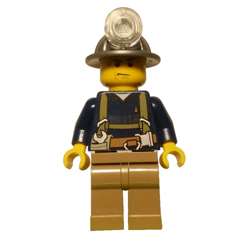 LEGO Minifigur Miner, Dark Blue Shirt with Harness, Mining Hat, Sweat Drops