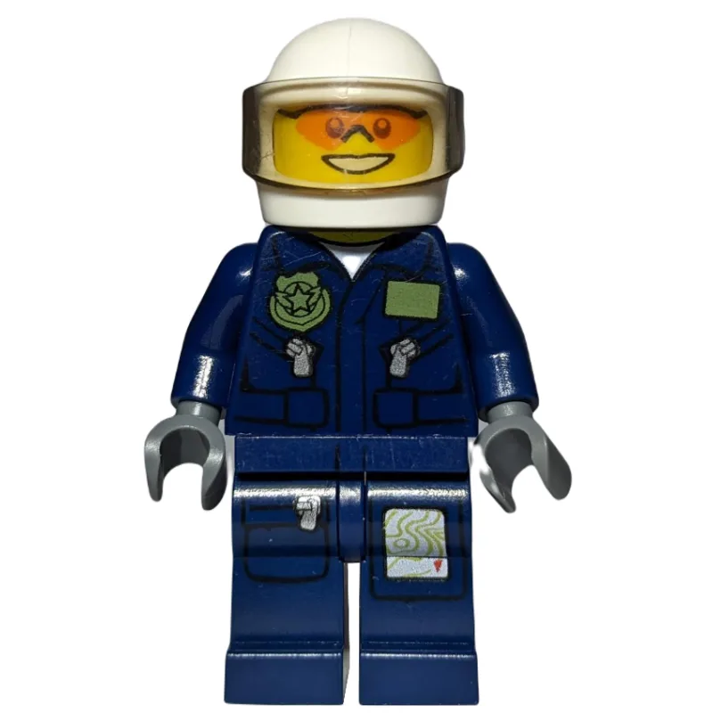 LEGO Minifigur Policeman, Dark Blue Jacket with Pockets and Badge, White Helmet with Visor, Orange Sunglasses