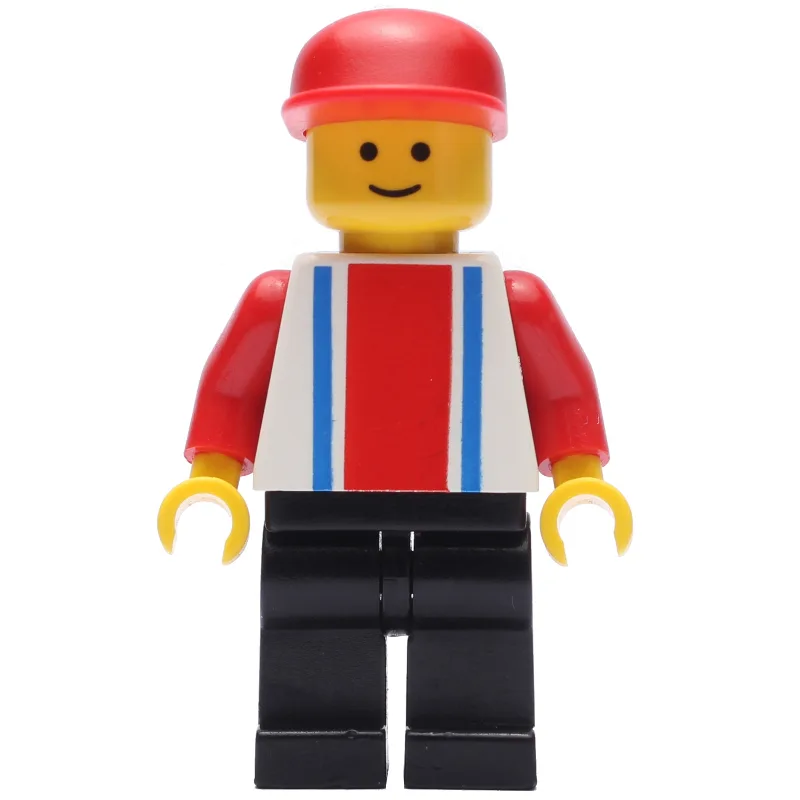 LEGO Minifigur Man - White Torso with Blue/Red Stripes, Black Legs, Red Cap