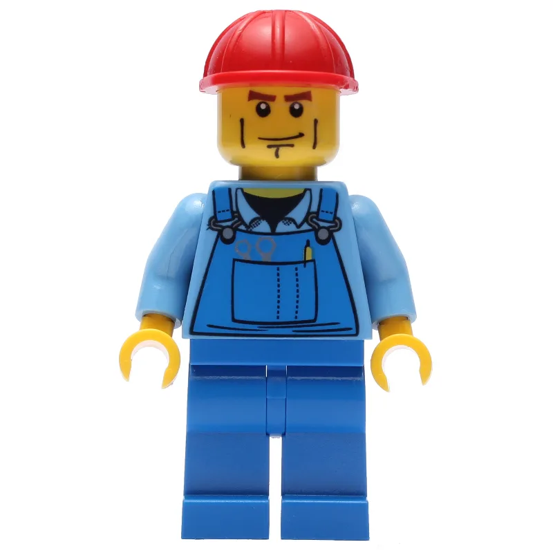 LEGO Minifigur Worker - Medium Blue Torso, Blue Overall, Red Helmet