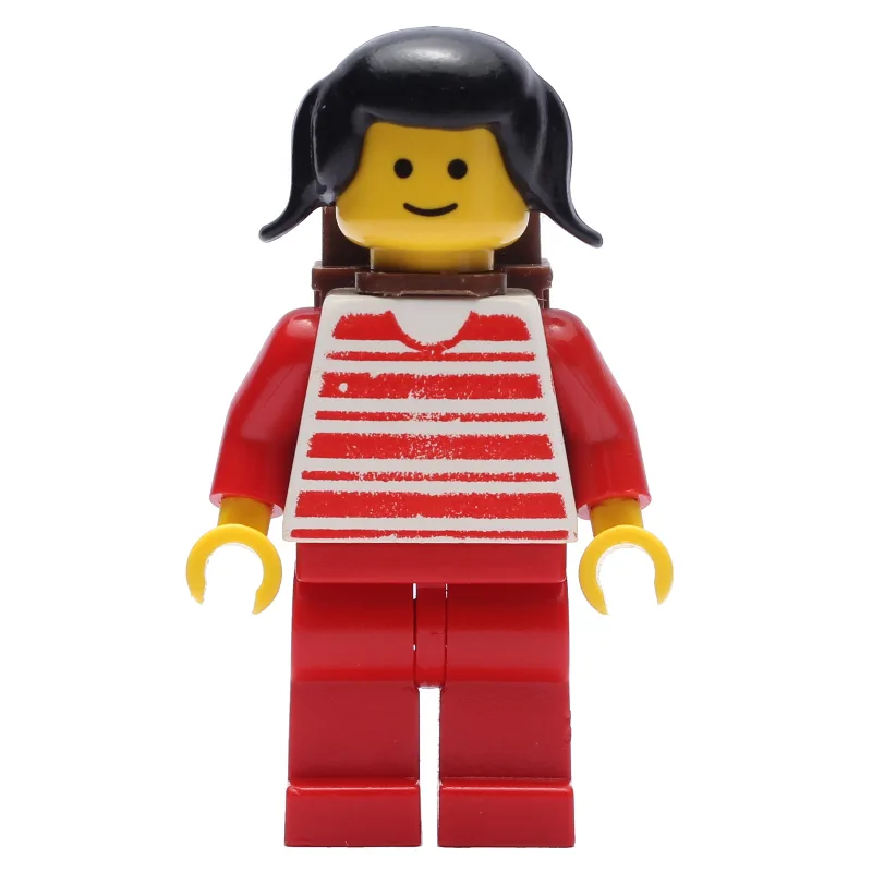 LEGO Minifigur Woman - Red/White Striped Shirt, Red Arms, Red Legs, Brown Backpack
