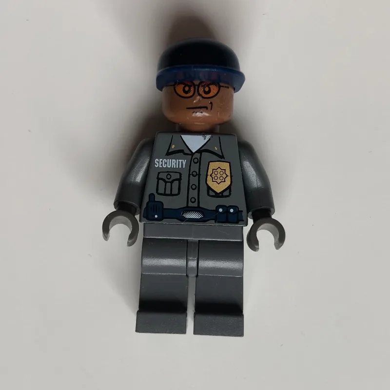 LEGO Minifigur Security Guard Dark Bluish Gray Shirt with Badge, Dark Blue Cap, Orange Sunglasses