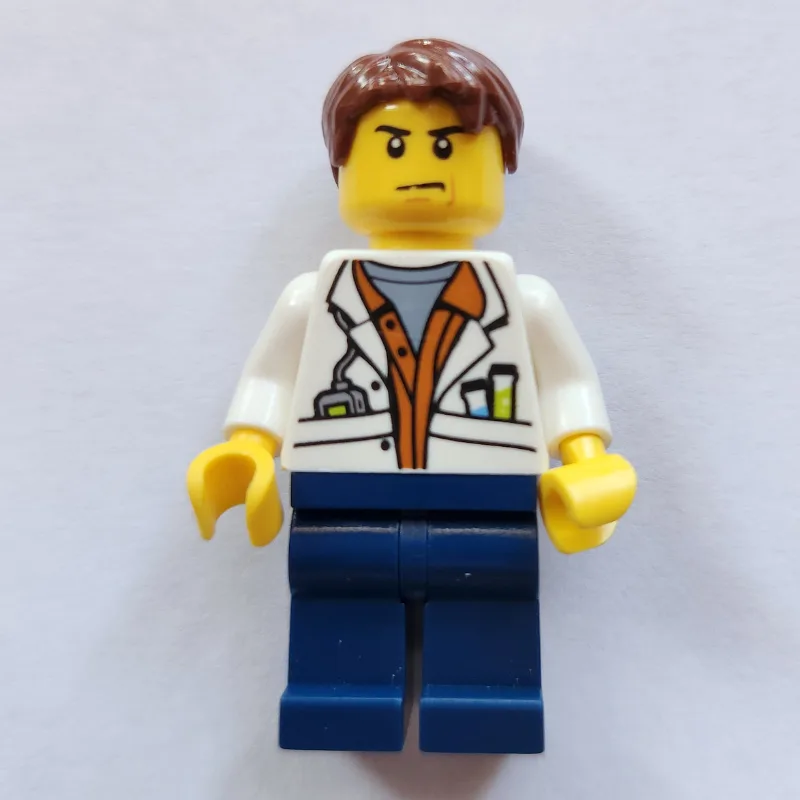 LEGO Minifigur Scientist, Open White Jacket, Dark Blue Legs