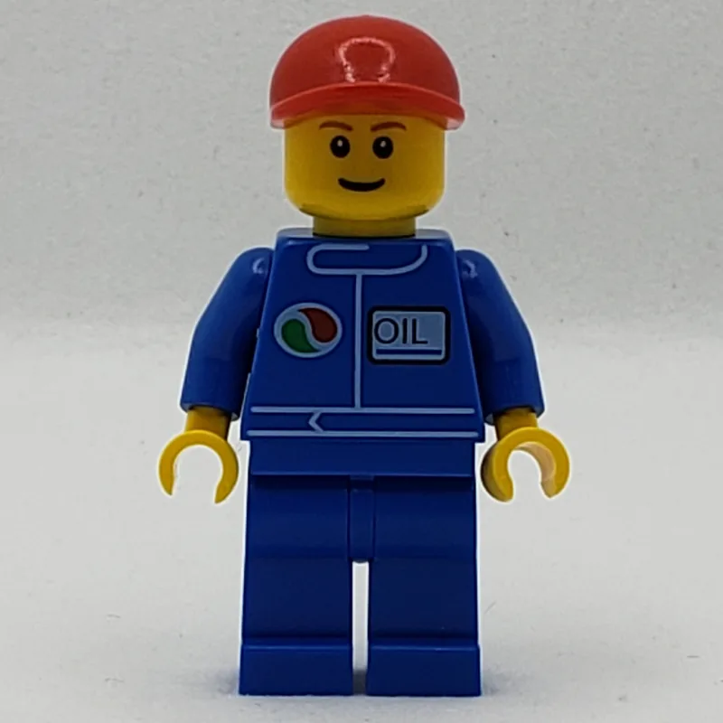 LEGO Minifigur Mechanic, Blue Jumpsuit with Octan Logo, Red Cap, Smile, Reddish Brown Eyebrows