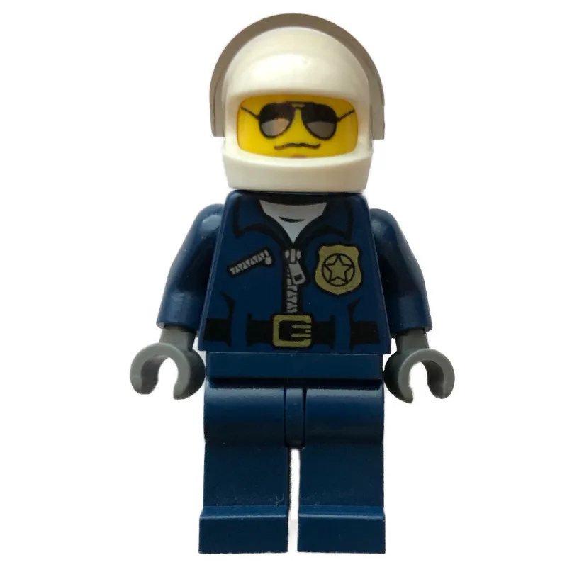 LEGO Minifigur Policeman, Dark Blue Jacket with Zipper, Badge, and 'POLICE' on Back, White Helmet with Visor, Sunglasses