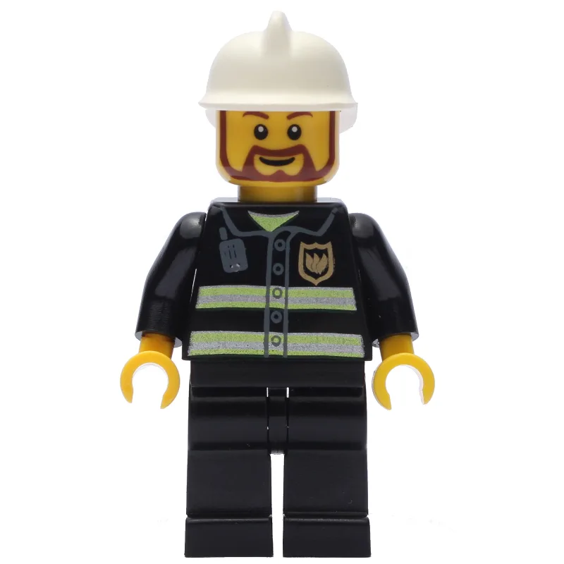 LEGO Minifigur Fireman, Black Fire Jacket with Reflective Stripes, Radio, and Badge, White Helmet, Beard
