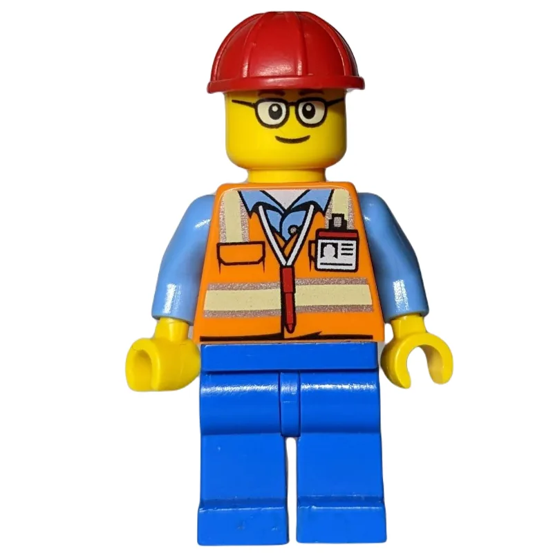 LEGO Minifigur Construction Worker, Orange Safety Vest with Pen and ID Badge, Red Hard Hat, Glasses