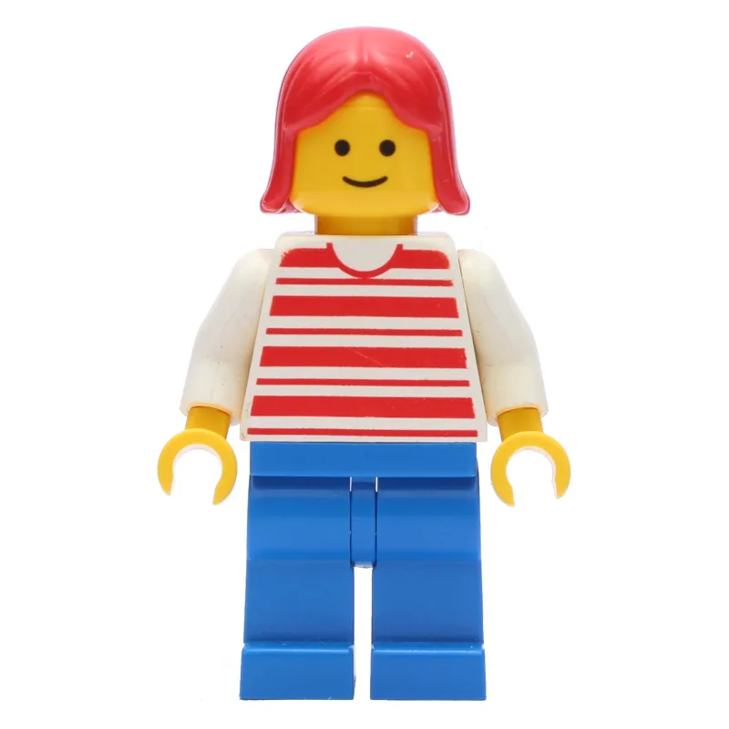 LEGO Minifigur Woman, Red and White Striped Shirt, Blue Legs, Red Hair