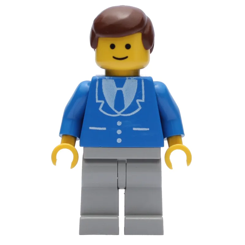 LEGO Minifigur Man, Blue Jacket with Tie and Three Buttons, Light Gray Legs, Brown Hair