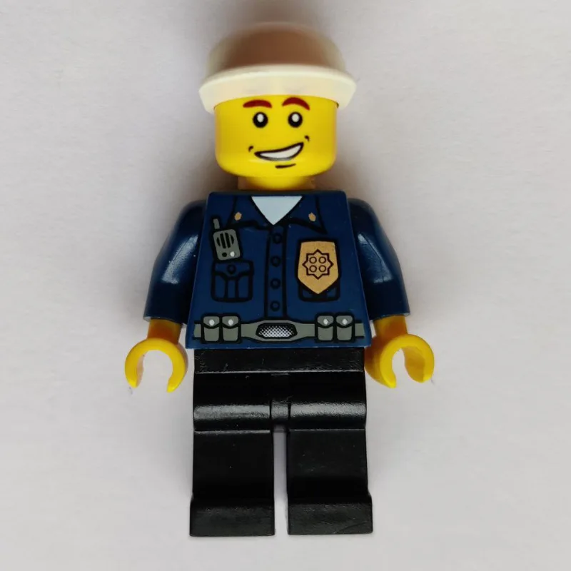 LEGO Minifigur Policeman, Dark Blue Shirt with Radio and Badge, Black Legs, Black Cap, Smile