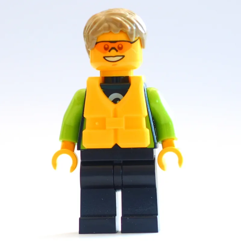LEGO Minifigur Man, Black and Lime Wetsuit, Dark Tan Hair, Yellow Life Vest, Orange Safety Glasses