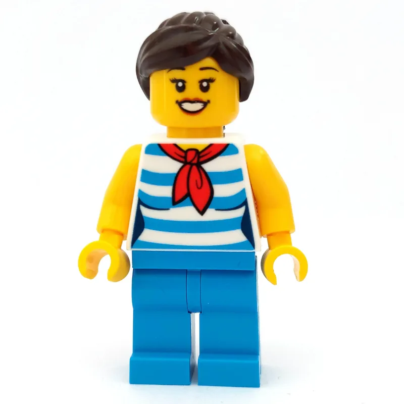 LEGO Minifigur Woman, Dark Azure Striped Shirt, Dark Azure Legs, Dark Brown Hair
