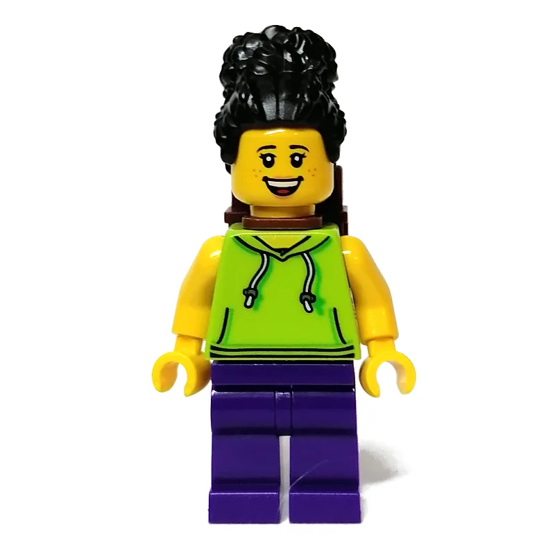 LEGO Minifigur Woman, Lime Torso, Dark Purple Legs, Black Hair