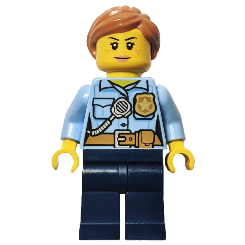 LEGO Minifigur Policewoman, Bright Light Blue Shirt, Dark Blue Legs, Medium Nougat Hair
