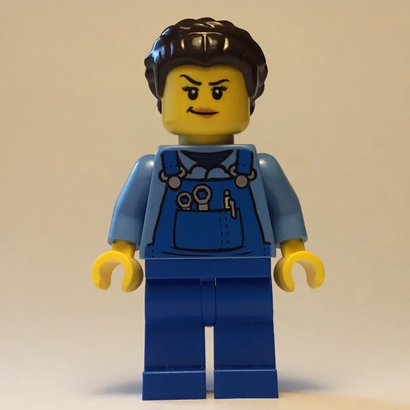 LEGO Minifigur Woman, Blue Overalls, Dark Brown Hair