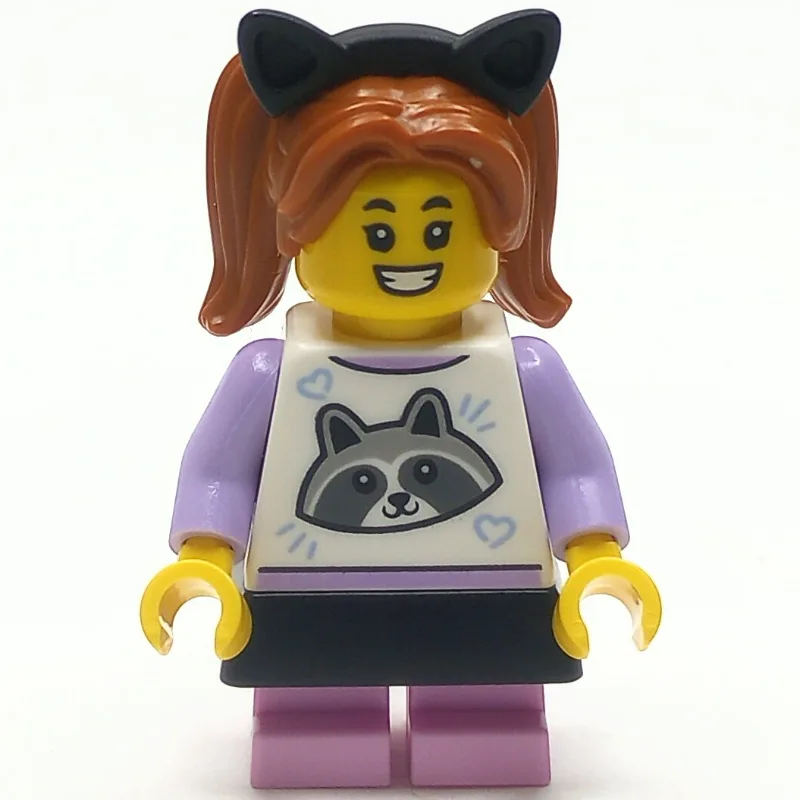 LEGO Minifigur Girl, Raccoon Shirt, Bright Pink Legs, Black Skirt and Cat Ears